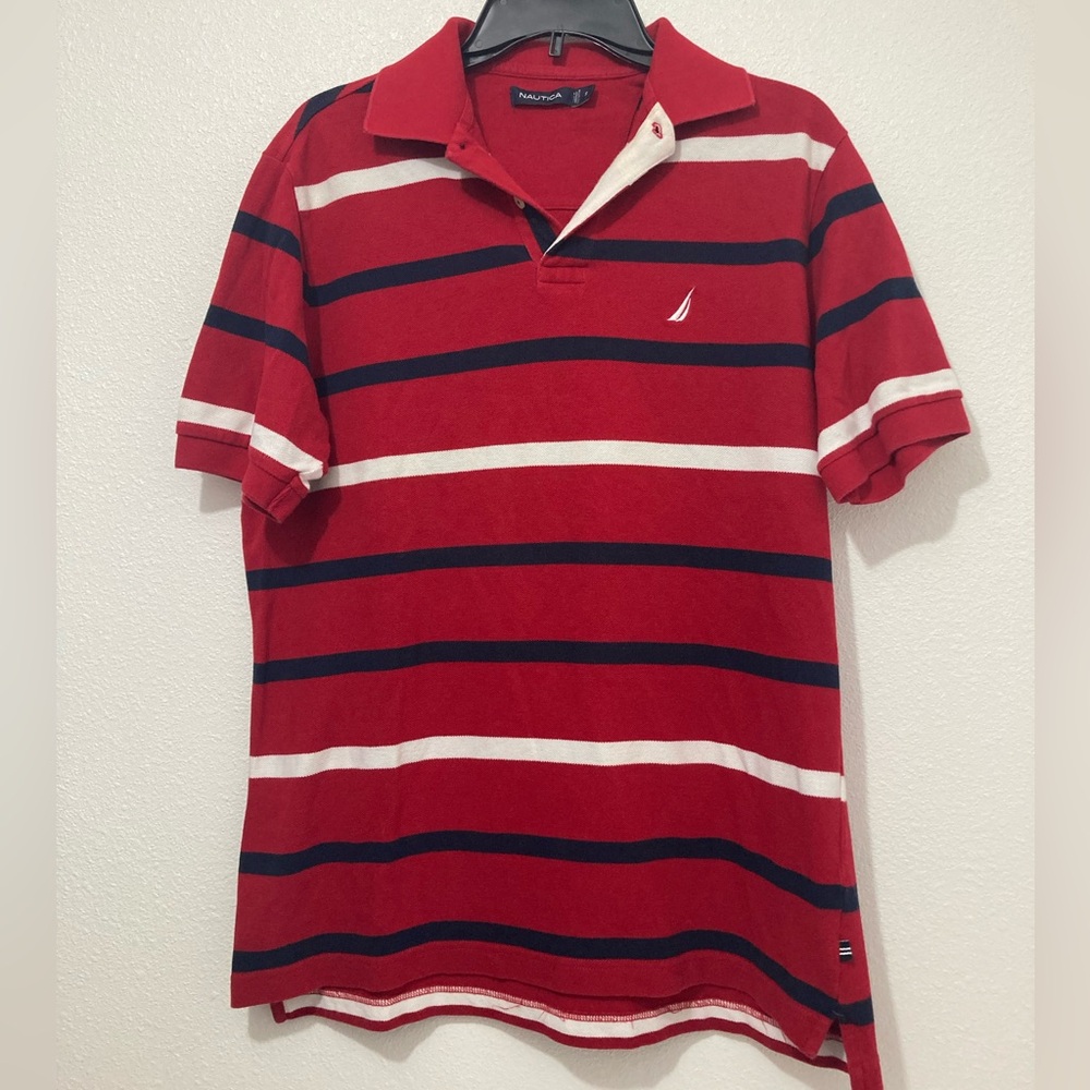 VINTAGE NAUTICA Men’s Polo Shirt Red Blue White Stripes Size Small